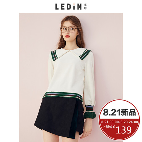 乐町2018秋季新款女装白色拼接毛针织衫套头chic长袖上衣薄款毛衣商品大图
