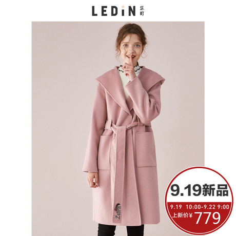 乐町2018秋装新款刺绣腰带连帽双面呢子大衣中长款毛呢外套冬季女商品大图