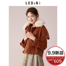 乐町2018秋季新款女装双排扣毛呢大衣短款时尚甜美呢子外套毛领图片