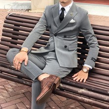 双排扣小西服新郎结婚礼服 男英伦风韩版 条纹西装 修身 套装 2018秋款