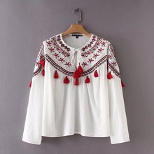欧美范流行宽松刺绣流苏系带条纹衬衫 女装 2018春季新品 MKY 上衣