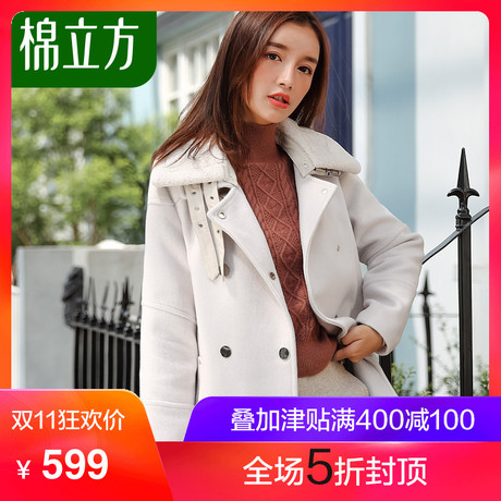 chic羊羔毛领外套女冬季2018新款棉立方时尚小修身中长款流行外套商品大图