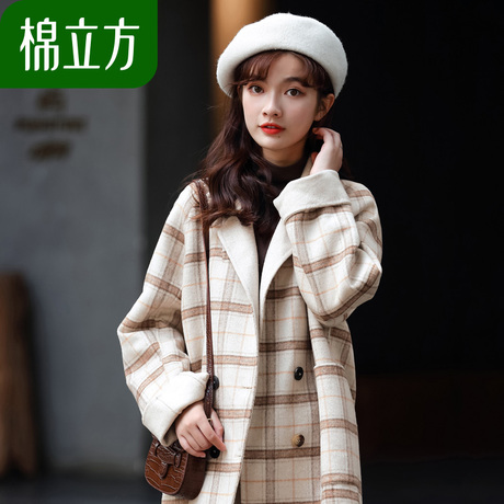格子双面呢大衣女中长款2018新款棉立方韩版呢子羊毛秋冬毛呢外套商品大图