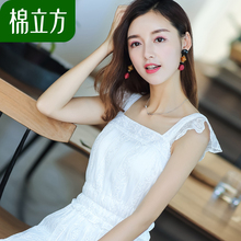 气质温柔裙女夏季2018新款棉立方超仙白色少女雪纺绣花收腰连衣裙图片