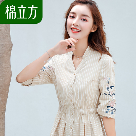 纯棉长袖条纹刺绣连衣裙女秋装2018新款棉立方文艺冷淡风裙子复古商品大图