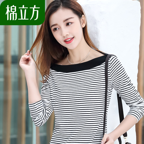 黑白条纹打底衫女棉立方2018新款秋装韩范学院风一字领长袖粉T恤商品大图