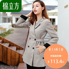 格子西装外套中长款女韩国秋季2018新款棉立方复古收腰英伦风上衣图片