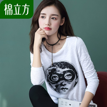 竹节棉t恤女长袖棉立方2018秋装新款女装韩范ins印花复古chic上衣图片