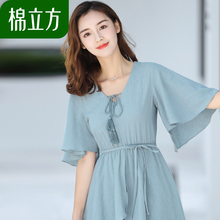 黄色提花宽松短袖纯棉连衣裙女夏季2018新款棉立方气质极简约裙子图片