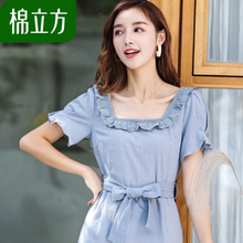 纯棉花边方领连衣裙女夏2018新款棉立方温柔收腰小个子森女系裙子图片