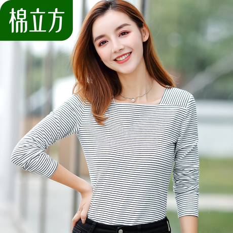 简约黑白条纹长袖t恤女秋装2018新款棉立方小清新修身文艺女上衣商品大图