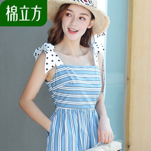 气质时尚条纹蝴蝶结肩带连衣裙女夏2018新款棉立方甜美可爱少女裙图片