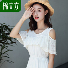 中长款高腰露肩拼接连衣裙女夏装2018新款棉立方纯棉气质仙女裙子图片