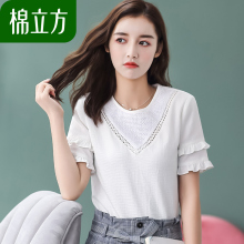 棉立方纯棉短袖T恤女白色2018新款夏装甜美木耳边宽松学院风上衣图片