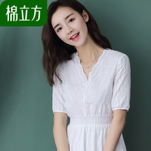 小清新裙子女中长款夏季棉立方2018新款女装五分袖纯棉高腰连衣裙图片
