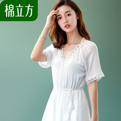 白色短袖收腰修身连衣裙女装夏季2018新款棉立方海边度假气质上衣商品大图