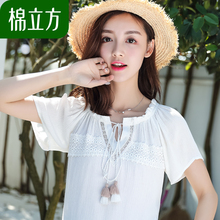 复古港味t恤女短袖棉立方2018夏装新款女装民族风小清新流苏上衣图片