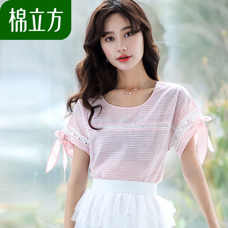 复古港味t恤女短袖棉立方2018夏装新款女装纯棉软妹清新条纹上衣商品大图