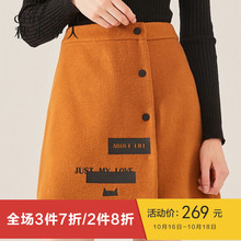 秋水伊人半身裙新款女装2018冬装ins印花羊毛双面呢A字裙短裙子图片