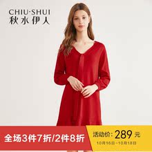 B秋水伊人2018冬装新款女装系带领针织毛衫裙荷叶边修身连衣裙图片
