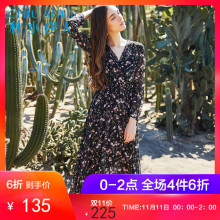 秋水伊人2018春秋装新品女装V领高腰中长碎花雪纺连衣裙两件套裙图片