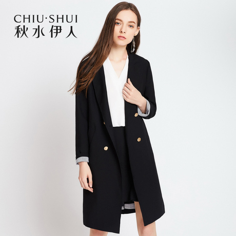 秋水伊人2018春季新款西装领直筒两粒扣中长款小西装西装外套女商品大图