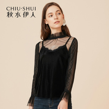 秋水伊人上衣女秋2018新款性感透视网纱蕾丝衫拼接立领纯色短袖女图片
