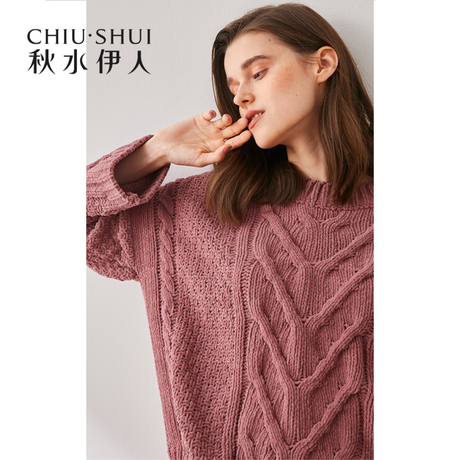 A秋水伊人2018秋装新款女装纯色圆领落肩长袖上衣套头直筒针织衫商品大图