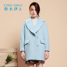 秋水伊人冬装新品女装西装领直筒口袋纯色毛呢大衣外套图片