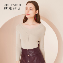 秋水伊人新款女装2018秋装简约V领长袖修身针织衫上衣女图片