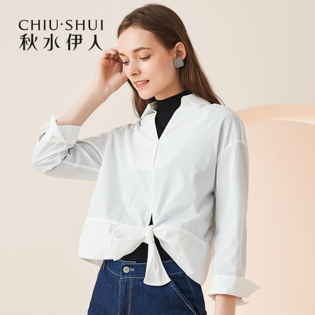 秋水伊人2018秋装新款女装九分袖系带上衣套头V领纯色衬衫女商品大图