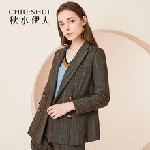 秋水伊人新款女装2018秋装时尚格纹西装领长袖小西装外套上衣女图片