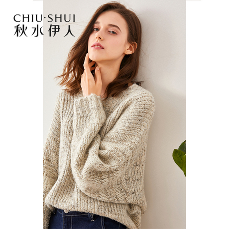 秋水伊人2018秋装新款女装简约纯色落肩长袖宽松针织衫毛衣上衣女商品大图