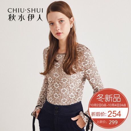 ①秋水伊人上衣2018冬装新款女装圆领系带喇叭袖钉珠花朵修身上衣商品大图