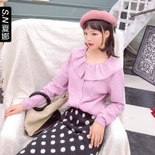 夏娜针织衫女开衫2018新款秋装外搭短款毛衣羊绒荷叶领chic外套图片