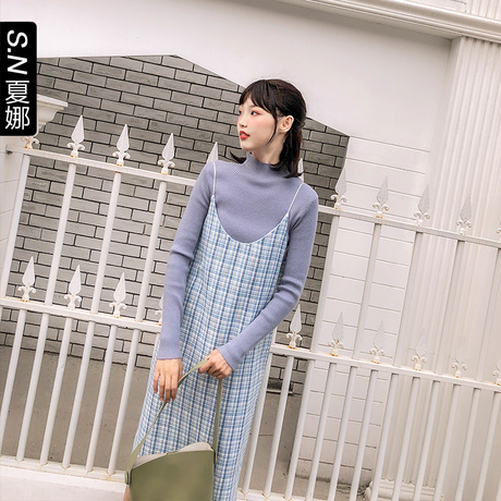 W夏娜秋冬新款外搭学生休闲格纹清新甜美时尚少女吊带连衣裙女装商品大图