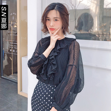 夏娜拼接荷叶边长袖衬衫女2018新款chic早秋上衣港味复古宽松衬衣商品大图