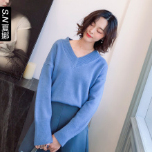 夏娜减龄V领不规则chic早秋毛衣外套2018新款女装宽松长袖针织衫图片