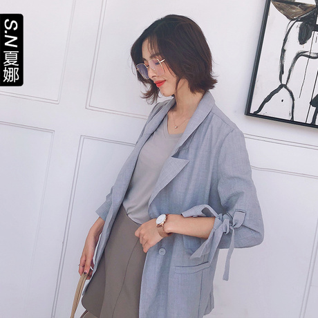夏娜休闲气质港风小西服2018秋季新款时尚翻领系带长袖西装外套女商品大图