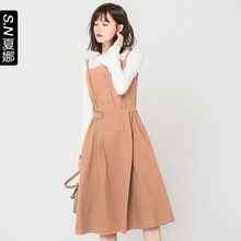 夏娜2018春季新款吊带无袖裙甜美系带高腰修身百褶连衣裙图片