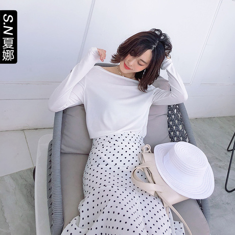 夏娜chic早秋上衣慵懒一字领港味长袖女2018秋季新款宽松百塔t恤商品大图
