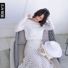 夏娜chic早秋上衣慵懒一字领港味长袖女2018秋季新款宽松百塔t恤图片