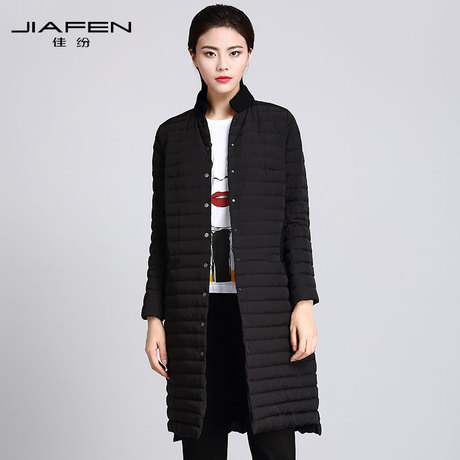 佳纷女装冬季纯色薄款立领羽绒服女中长款2017新款韩版潮66223J商品大图