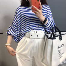 oversize宽松防晒针织衫 DU自留韩国夏女清爽蓝白条纹蝙蝠袖