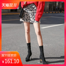 ins超火a字针织高腰半身裙女装秋冬季2018新款韩版包臀格子短裙子图片