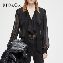 MOCO2018冬季新品V领系带荷叶边桑蚕丝上衣MA184TOP130 摩安珂图片