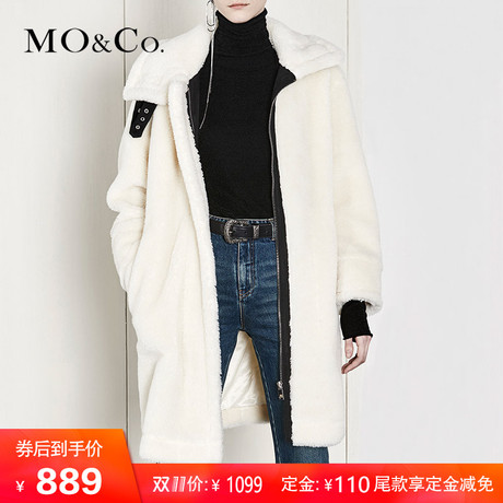 MOCO仿羊羔毛翻领皮带扣中长款大衣外套MA174COT113 摩安珂商品大图