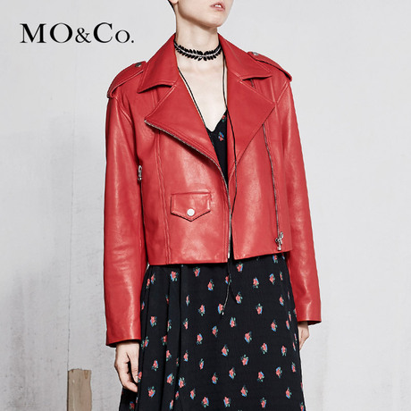MOCO2018春季新品短款机车羊皮绑带夹克MA181LET003 摩安珂商品大图