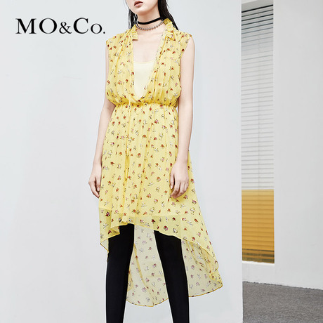 MOCO新款仙女裙子女夏中长款chic不规则碎花真丝连衣裙收腰商品大图