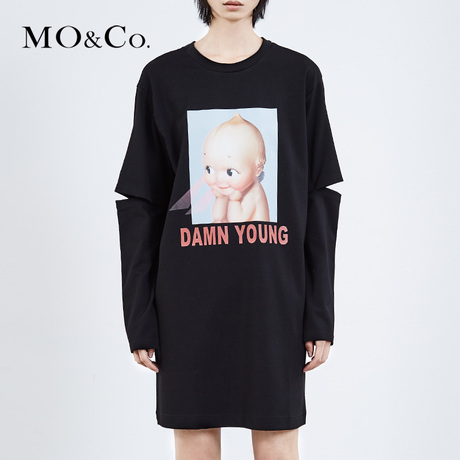MOCO2018春季新品镂空胶印切割袖卫衣连衣裙MA181DRS218  摩安珂商品大图